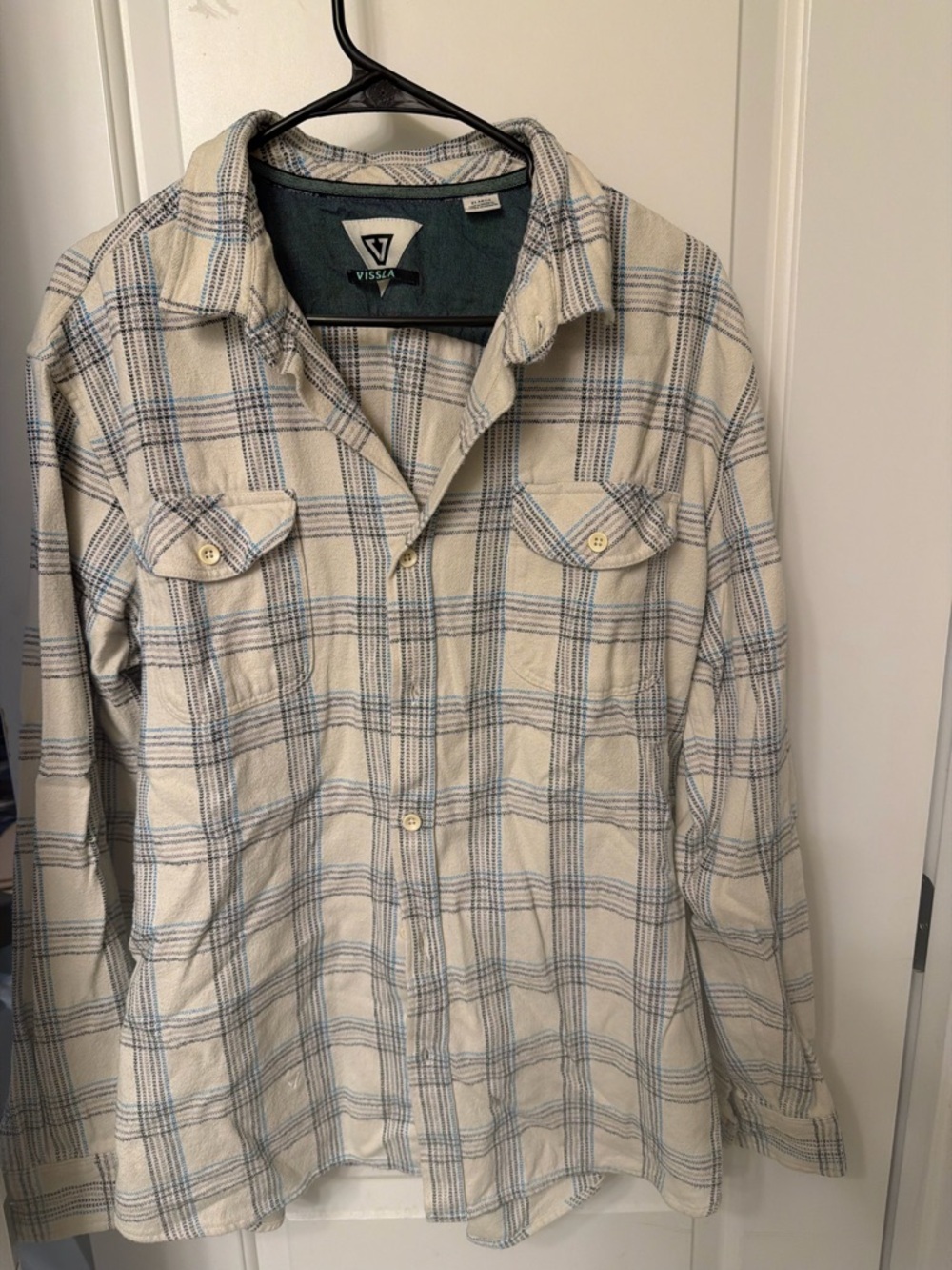 VISSLA Plaid Lightweight Button-Up in Cream and Blue